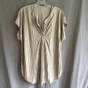 Vintage 80s Gold Crinkle Blouse Tunic Top Pleated Satin‎ Minimalist L/XL No Tags